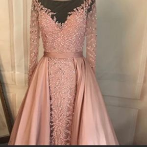 Pink long sleeve Evening dress with overskirt